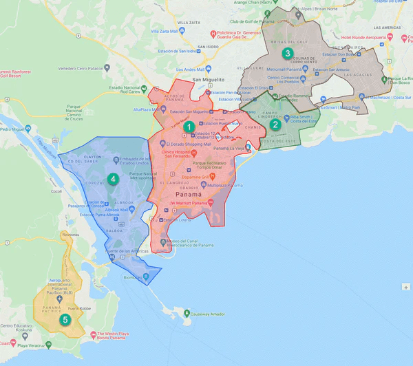 Mapa de zonas de entrega en Ciudad de Panamá